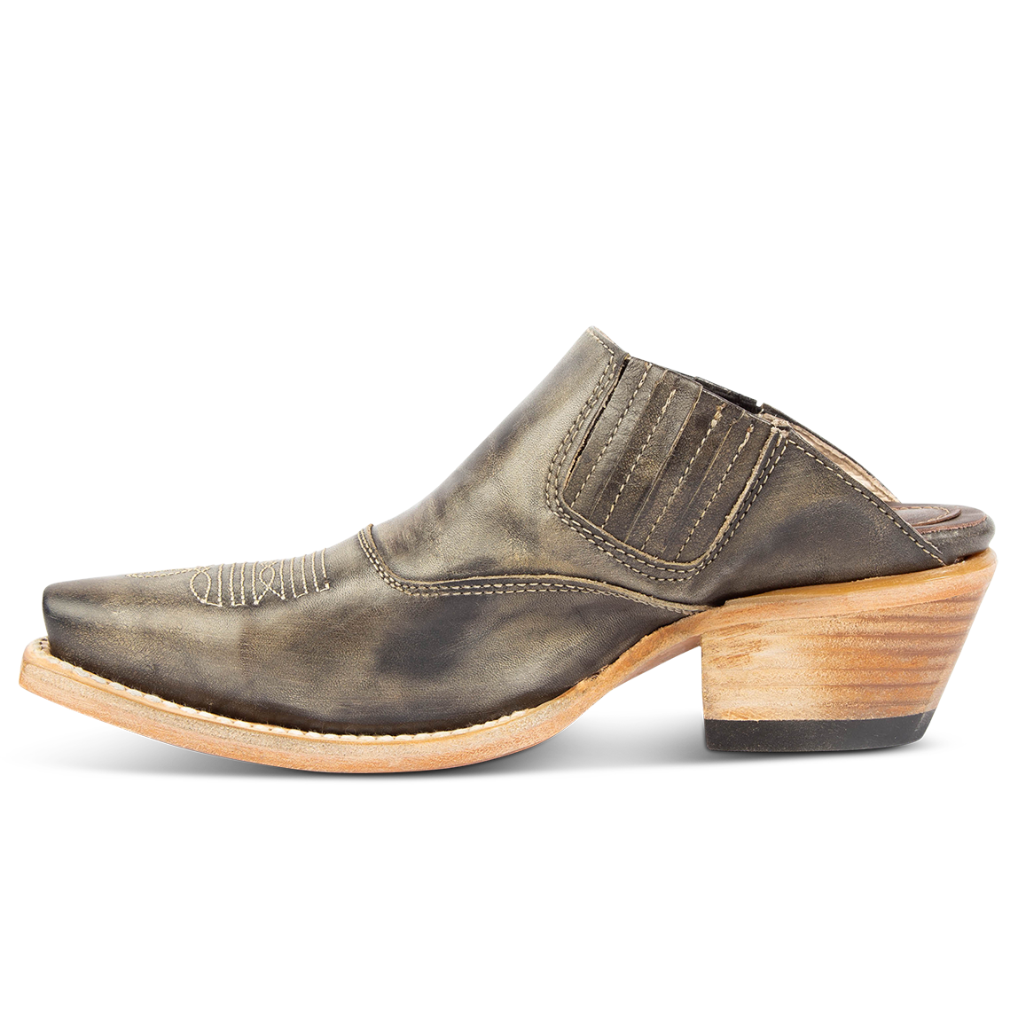 Inside view showing elastic gore and stitching on FREEBIRD women's Wentworth olive western mule