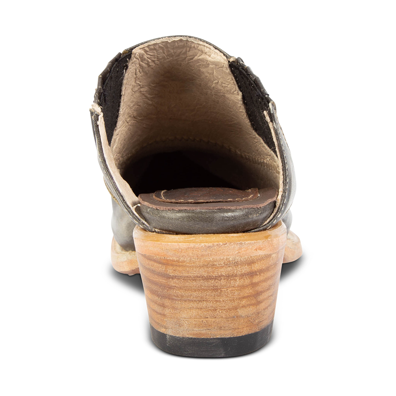 Back view showing wooden heel on FREEBIRD women's Wentworth olive western mule