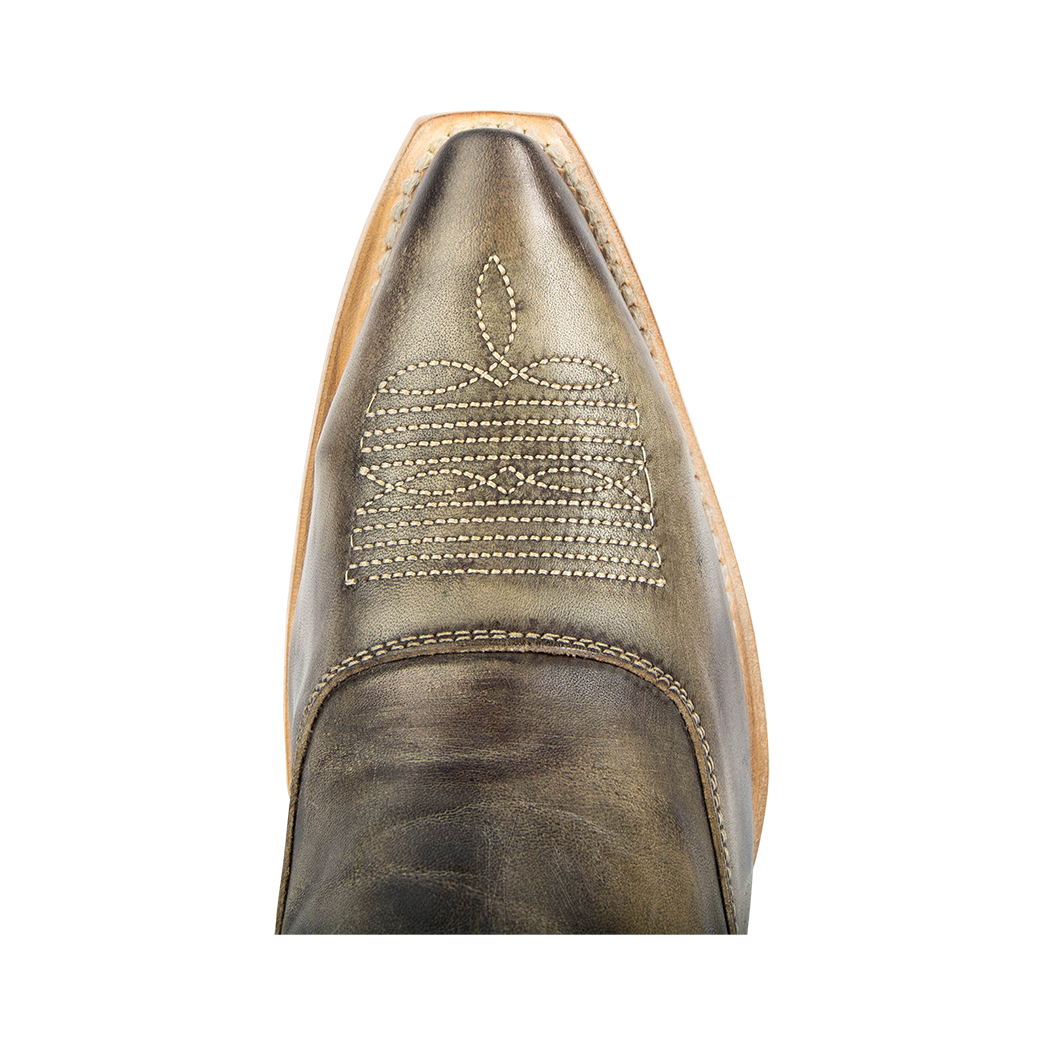 Top view showing snip toe and stitch detailing on FREEBIRD women's Wentworth olive western mule