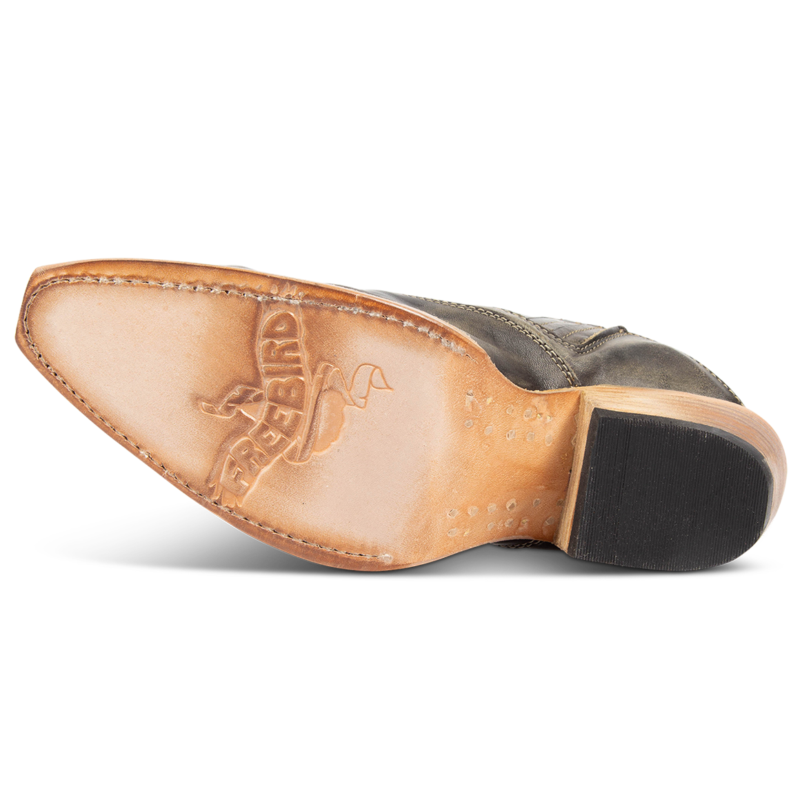 Leather sole imprinted with FREEBIRD on women's Wentworth olive western mule