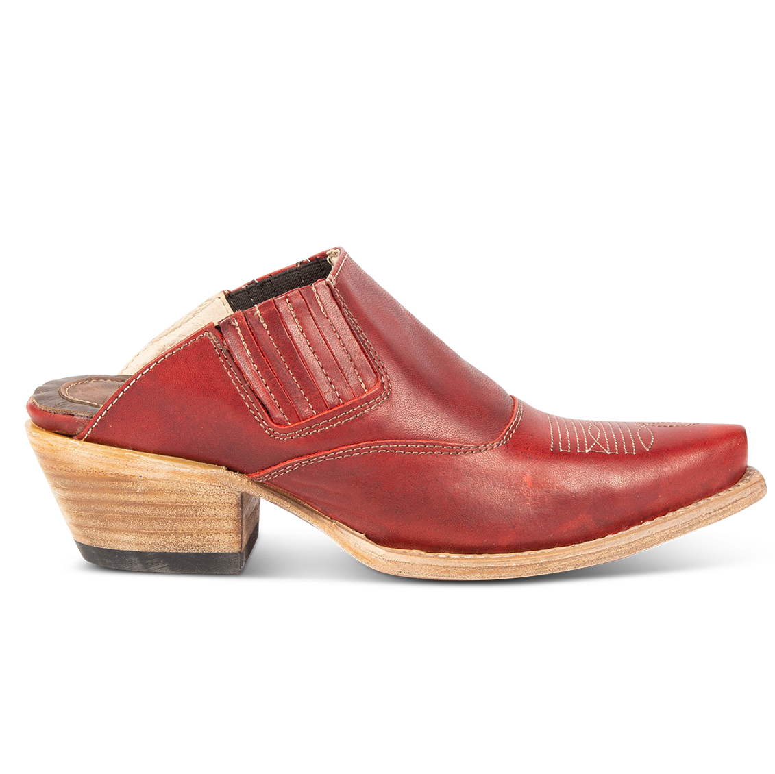 FREEBIRD women's Wentworth red western mule featuring elastic gore, stitch detailing, open back, and snip toe