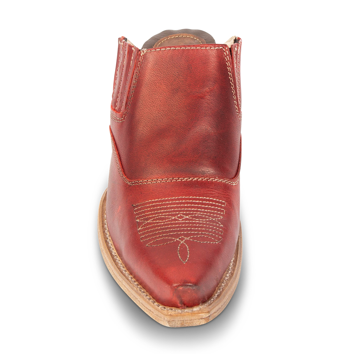 Front view showing traditional stitch detailing and snip toe on FREEBIRD women's Wentworth red western mule
