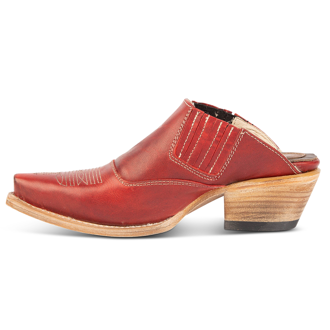 Inside view showing elastic gore and stitching on FREEBIRD women's Wentworth red western mule