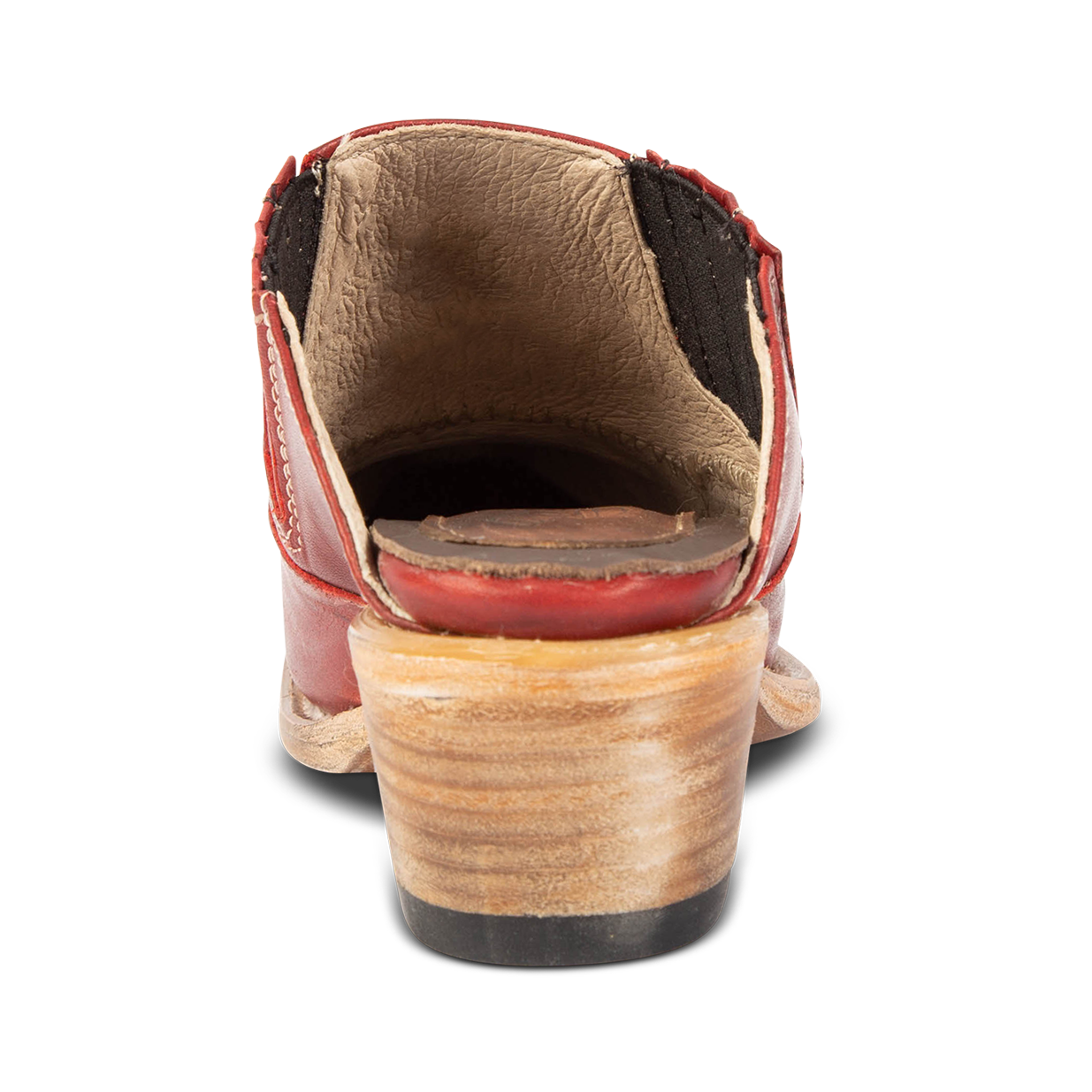 Back view showing wooden heel on FREEBIRD women's Wentworth red western mule
