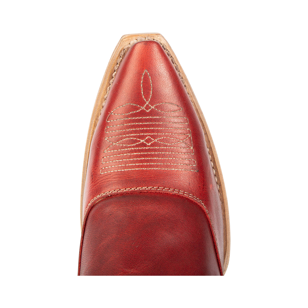 Top view showing snip toe and stitch detailing on FREEBIRD women's Wentworth red western mule