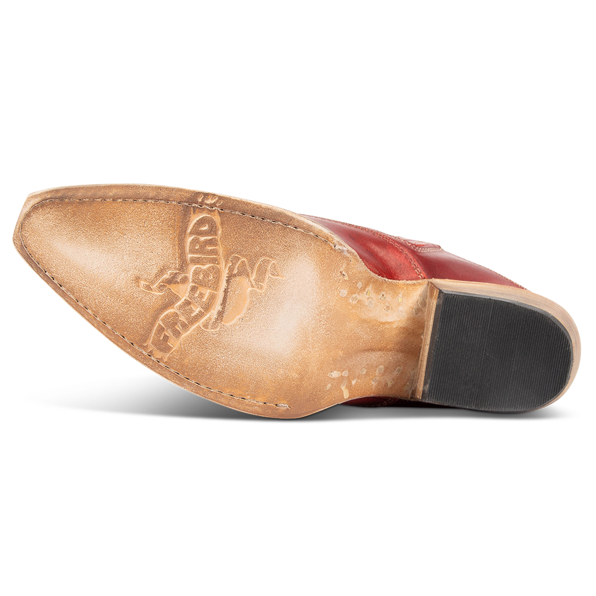 Leather sole imprinted with FREEBIRD on women's Wentworth red western mule