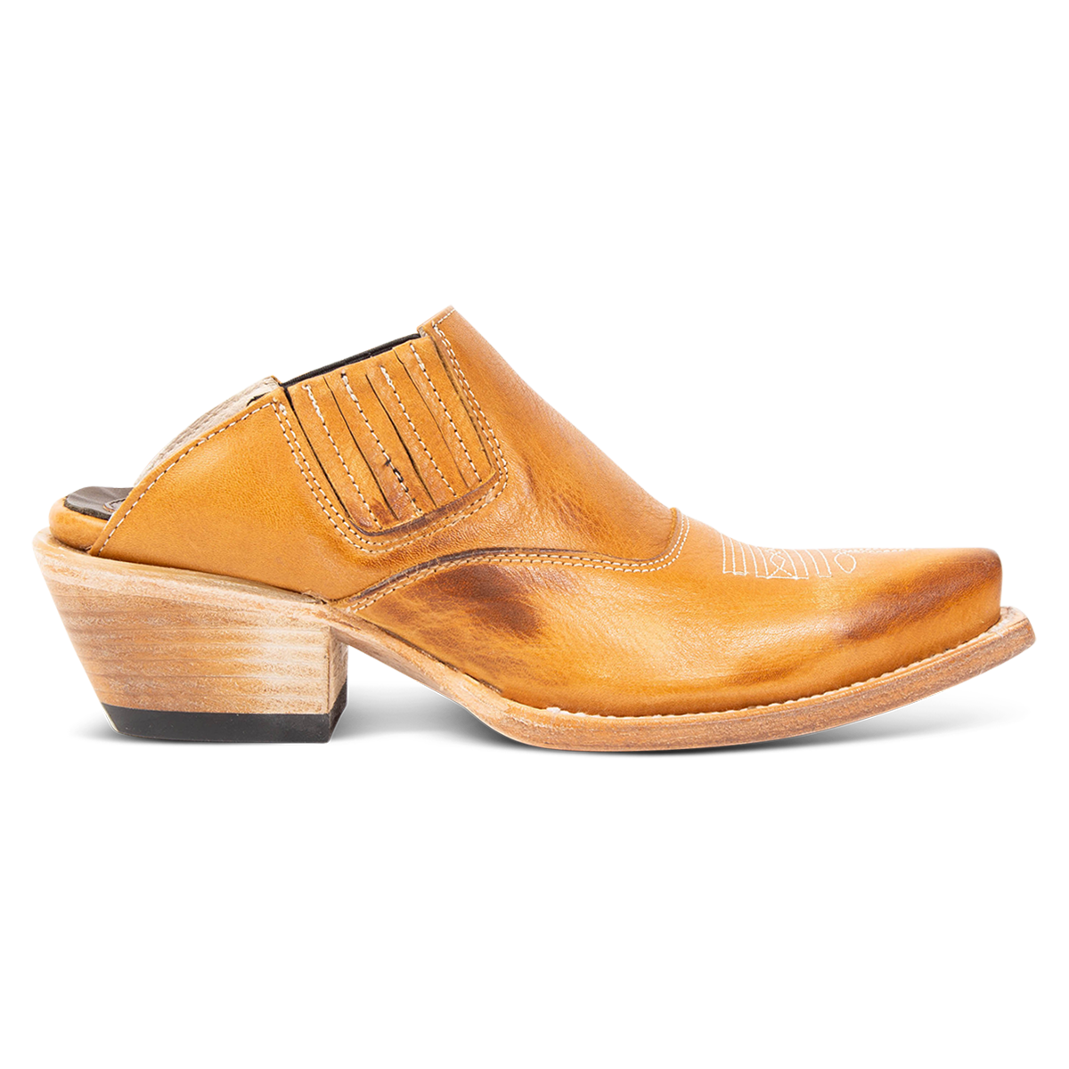 FREEBIRD women's Wentworth wheat western mule featuring elastic gore, stitch detailing, open back, and snip toe