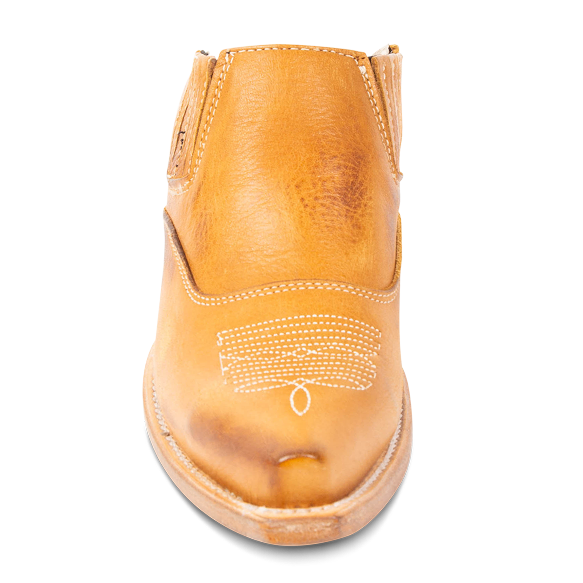 Front view showing traditional stitch detailing and snip toe on FREEBIRD women's Wentworth wheat western mule