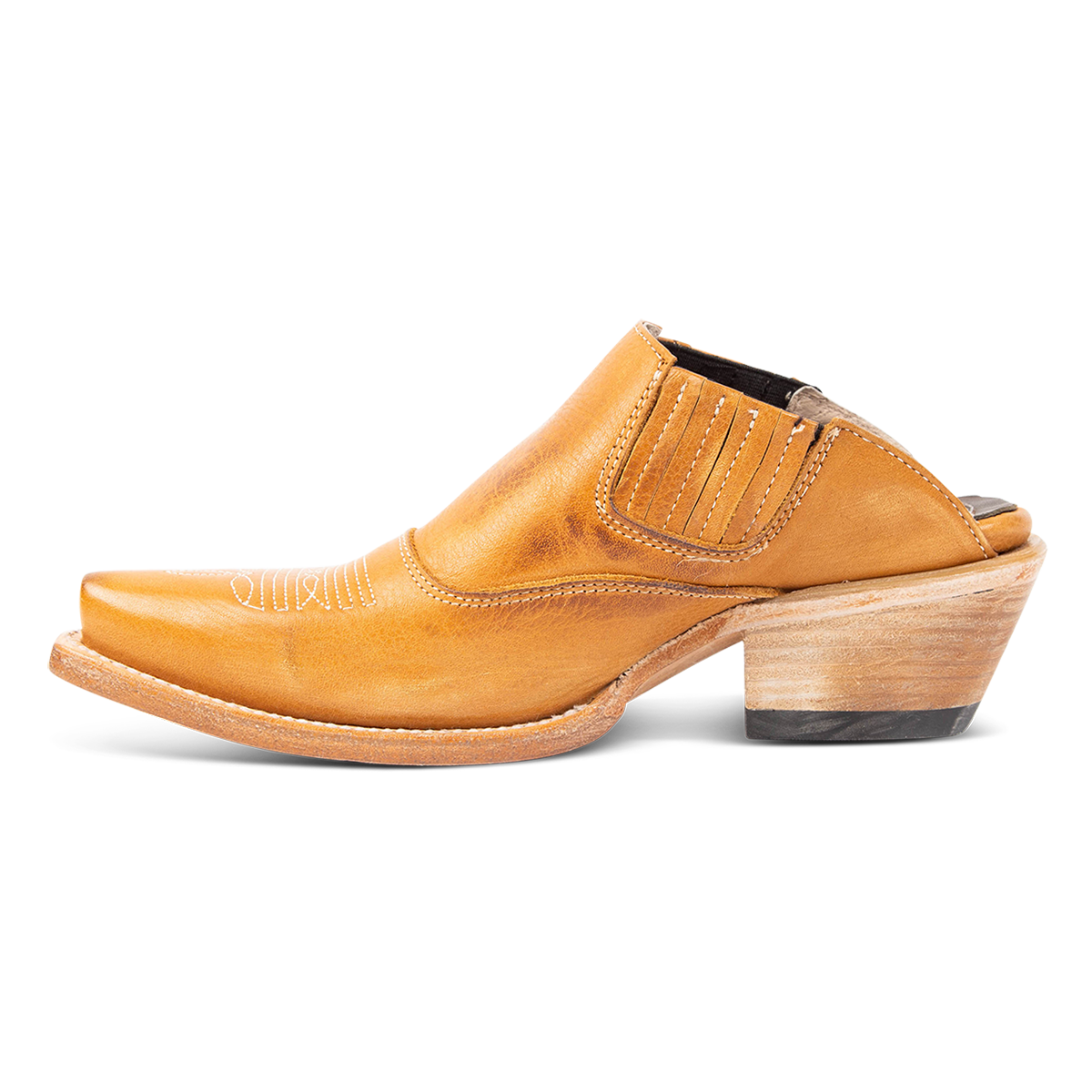 Inside view showing elastic gore and stitching on FREEBIRD women's Wentworth wheat western mule
