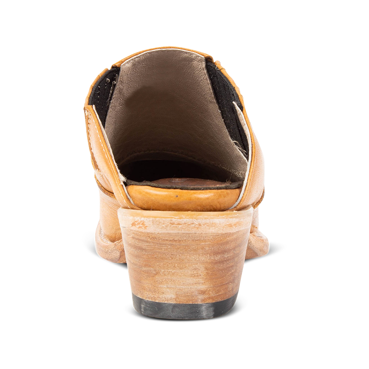 Back view showing wooden heel on FREEBIRD women's Wentworth wheat western mule