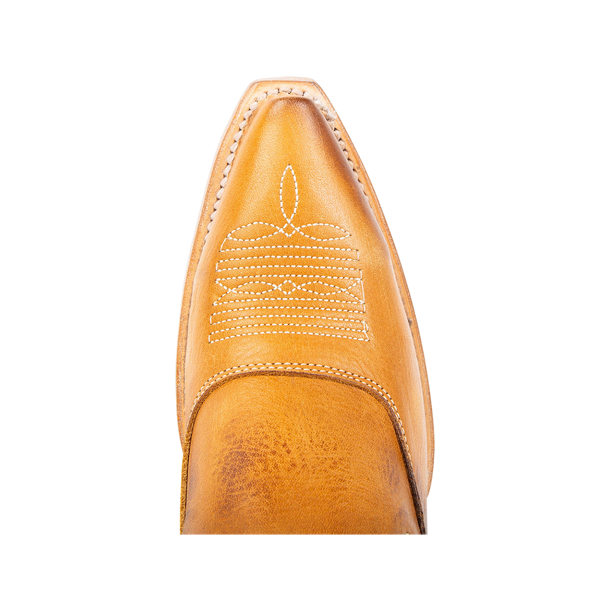 Top view showing snip toe and stitch detailing on FREEBIRD women's Wentworth wheat western mule