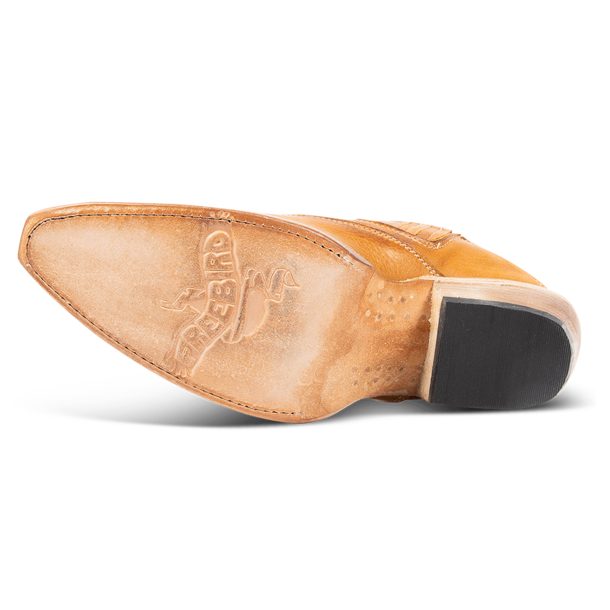 Leather sole imprinted with FREEBIRD on women's Wentworth wheat western mule