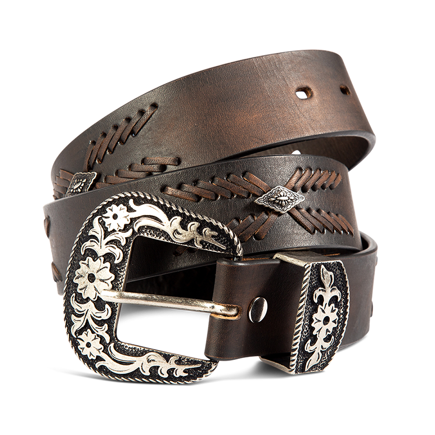FREEBIRD Westbound black distressed full grain leather belt featuring embroidered leather detailing and engraved hardware
