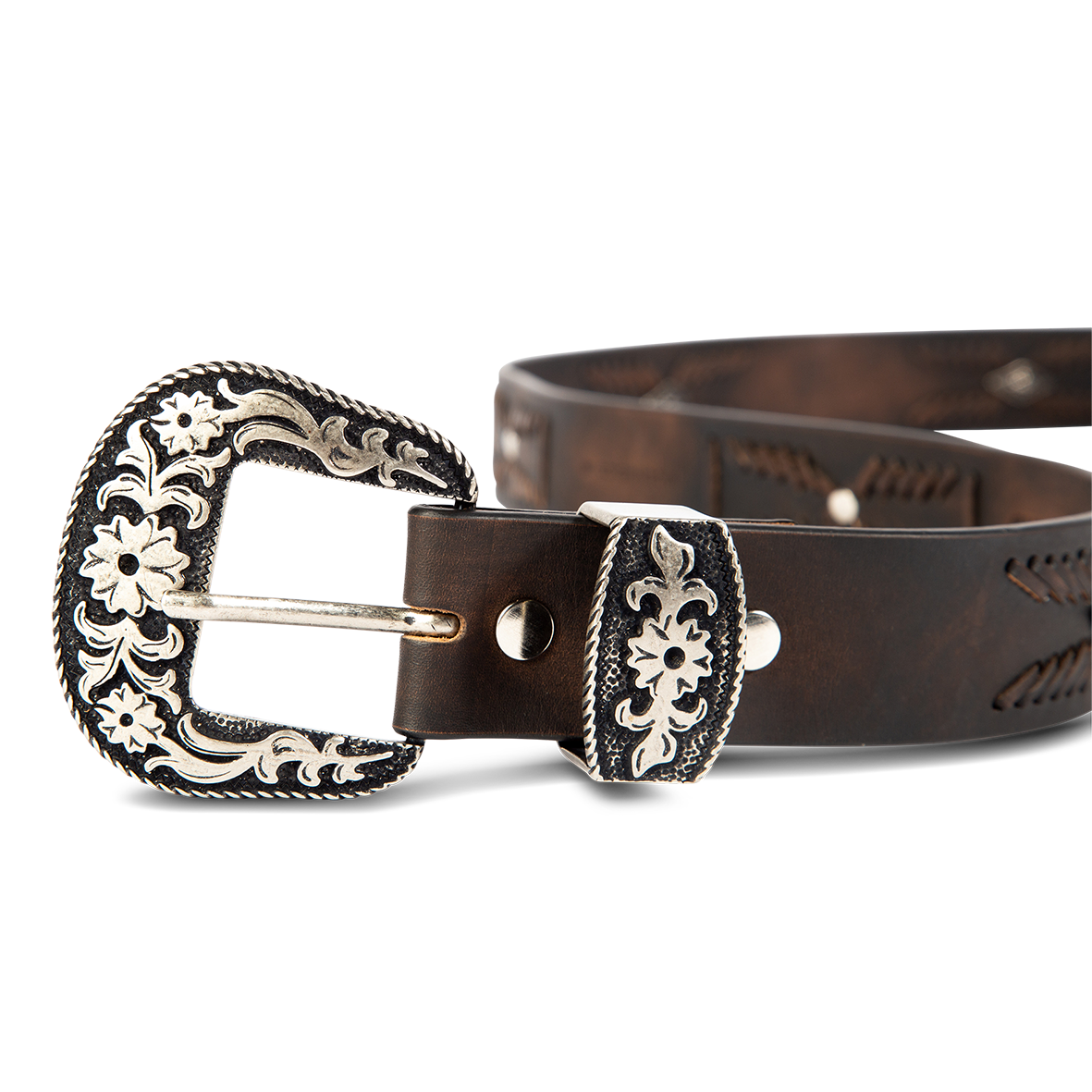 Westbound black distressed front view featuring single buckle engraved hardware closure and embroidered leather detailing  on FREEBIRD full grain leather belt