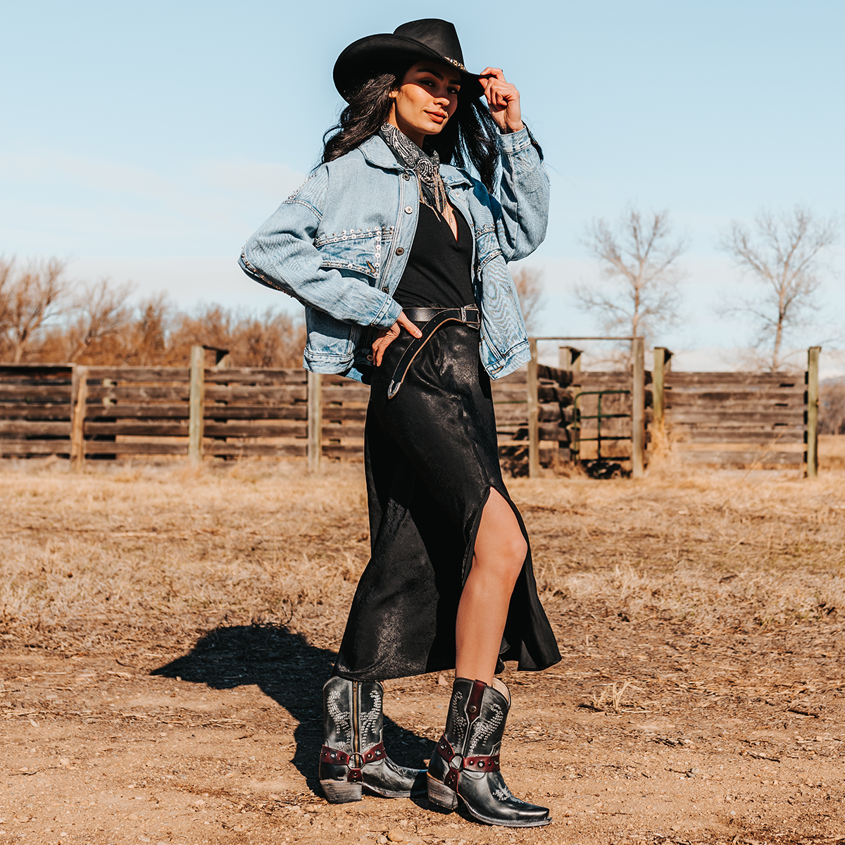 FREEBIRD women's Weston black full grain leather western cowgirl mid calf boot with inside zip closure and embellished shaft lifestyle
