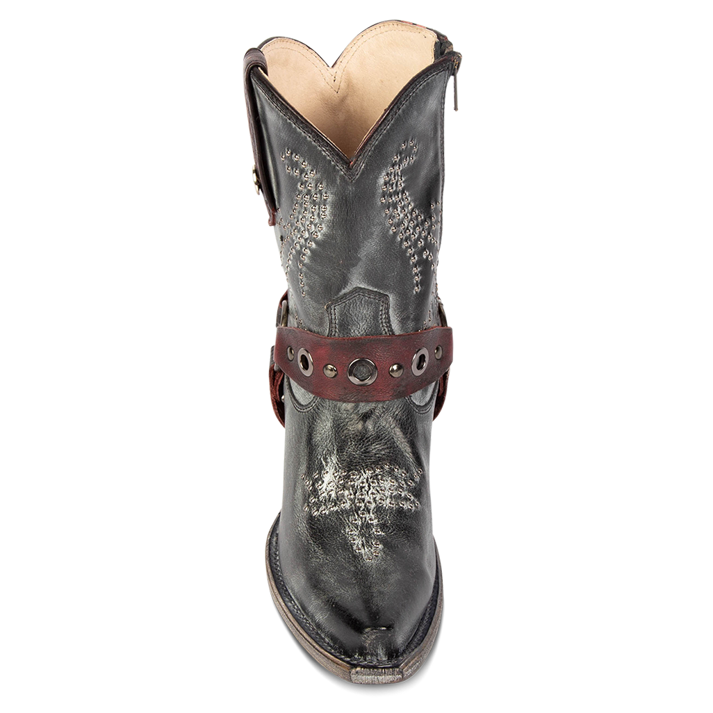 Front view showing western crown and embellished shaft on FREEBIRD women's Weston black leather mid calf cowgirl bootie