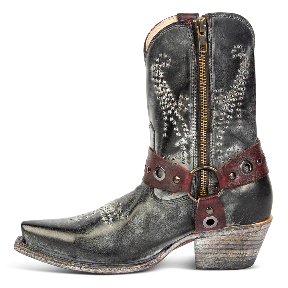 Inside view showing inside zip closure and embellished shaft on FREEBIRD women's Weston black leather mid calf cowgirl bootie