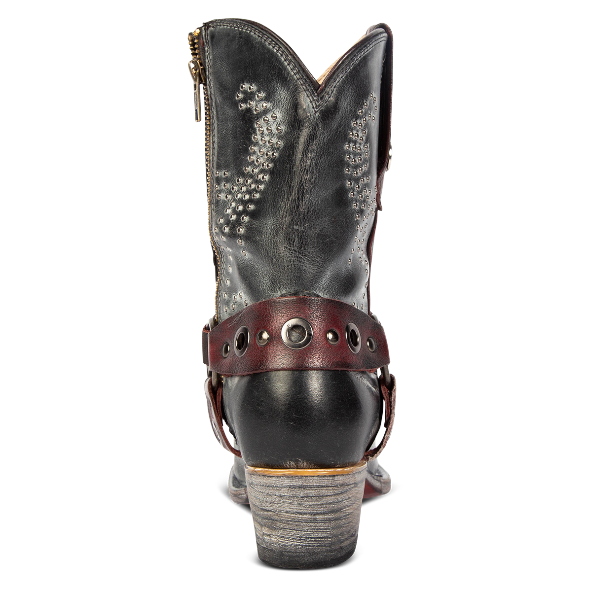 Back view showing western crown and embellished shaft on FREEBIRD women's Weston black leather mid calf cowgirl bootie