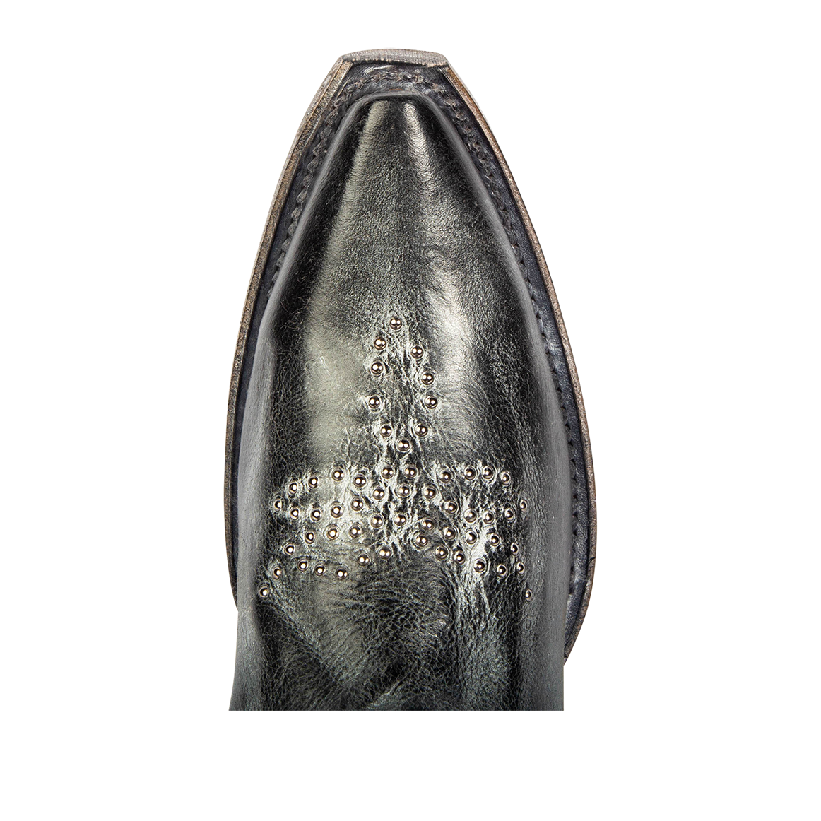 Top view showing snip toe and embellish destailing on FREEBIRD women's Weston black leather mid calf cowgirl bootie