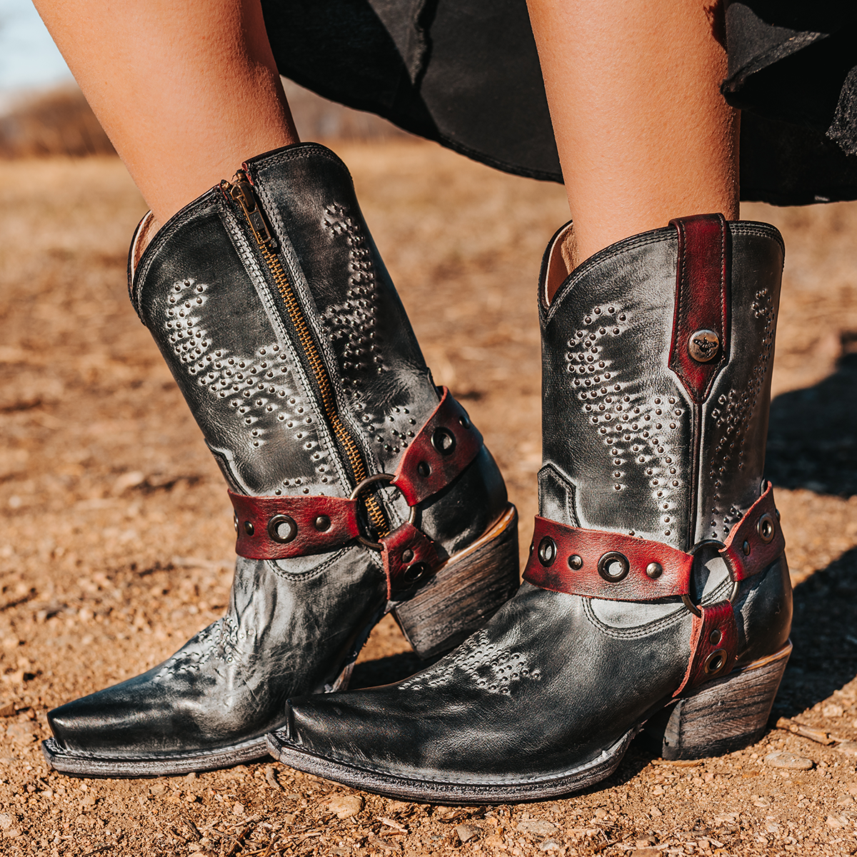 FREEBIRD women's Weston black full grain leather western cowgirl mid calf boot with inside zip closure and embellished shaft