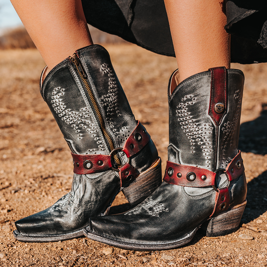 FREEBIRD women's Weston black full grain leather western cowgirl mid calf boot with inside zip closure and embellished shaft