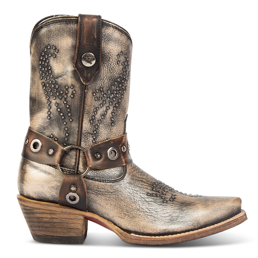 FREEBIRD women's Weston pewter full grain leather western cowgirl mid calf boot with inside zip closure and embellished shaft