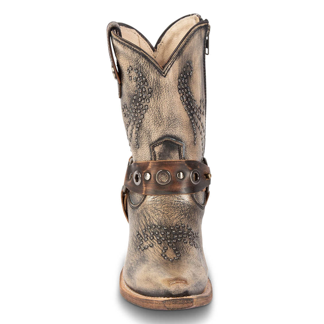 Front view showing western crown and embellished shaft on FREEBIRD women's Weston pewter leather mid calf cowgirl bootie