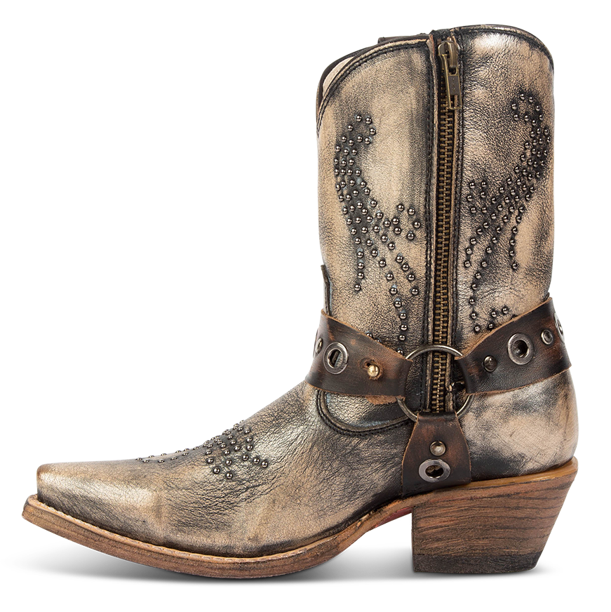 Inside view showing inside zip closure and embellished shaft on FREEBIRD women's Weston pewter leather mid calf cowgirl bootie