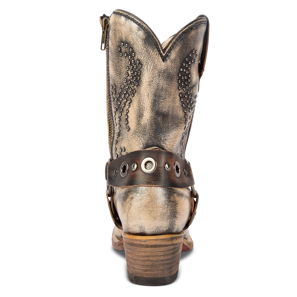 Back view showing western crown and embellished shaft on FREEBIRD women's Weston pewter leather mid calf cowgirl bootie
