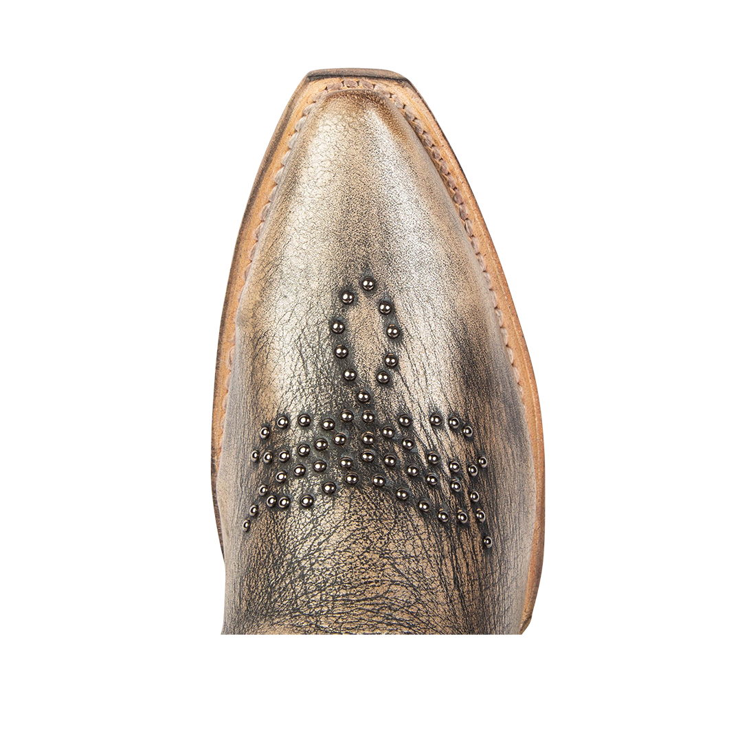 Top view showing snip toe and embellish destailing on FREEBIRD women's Weston pewter leather mid calf cowgirl bootie
