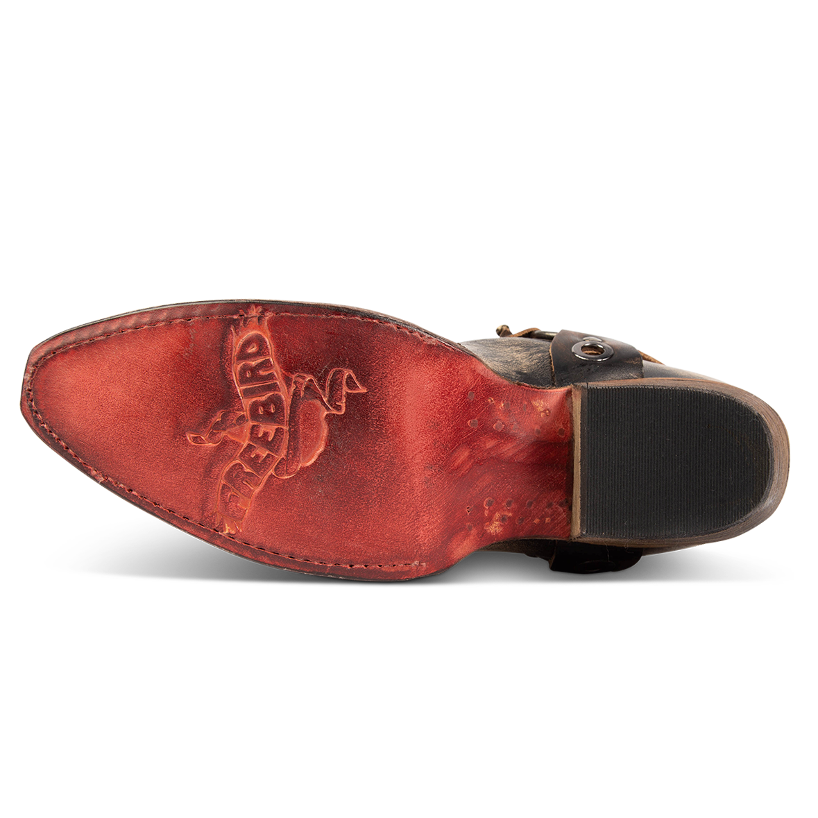 Leather sole imprinted with FREEBIRD on women's Weston pewter leather bootie