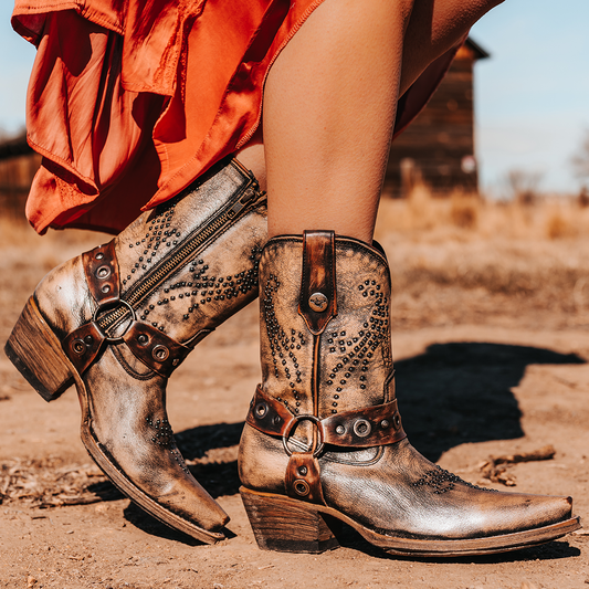 FREEBIRD women's Weston pewter full grain leather western cowgirl mid calf boot with inside zip closure and embellished shaft