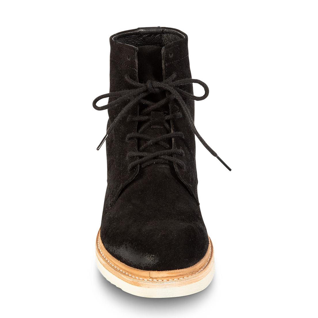 Front view showing adjustable front lacing on FREEBIRD men's Wheeler black suede shoe