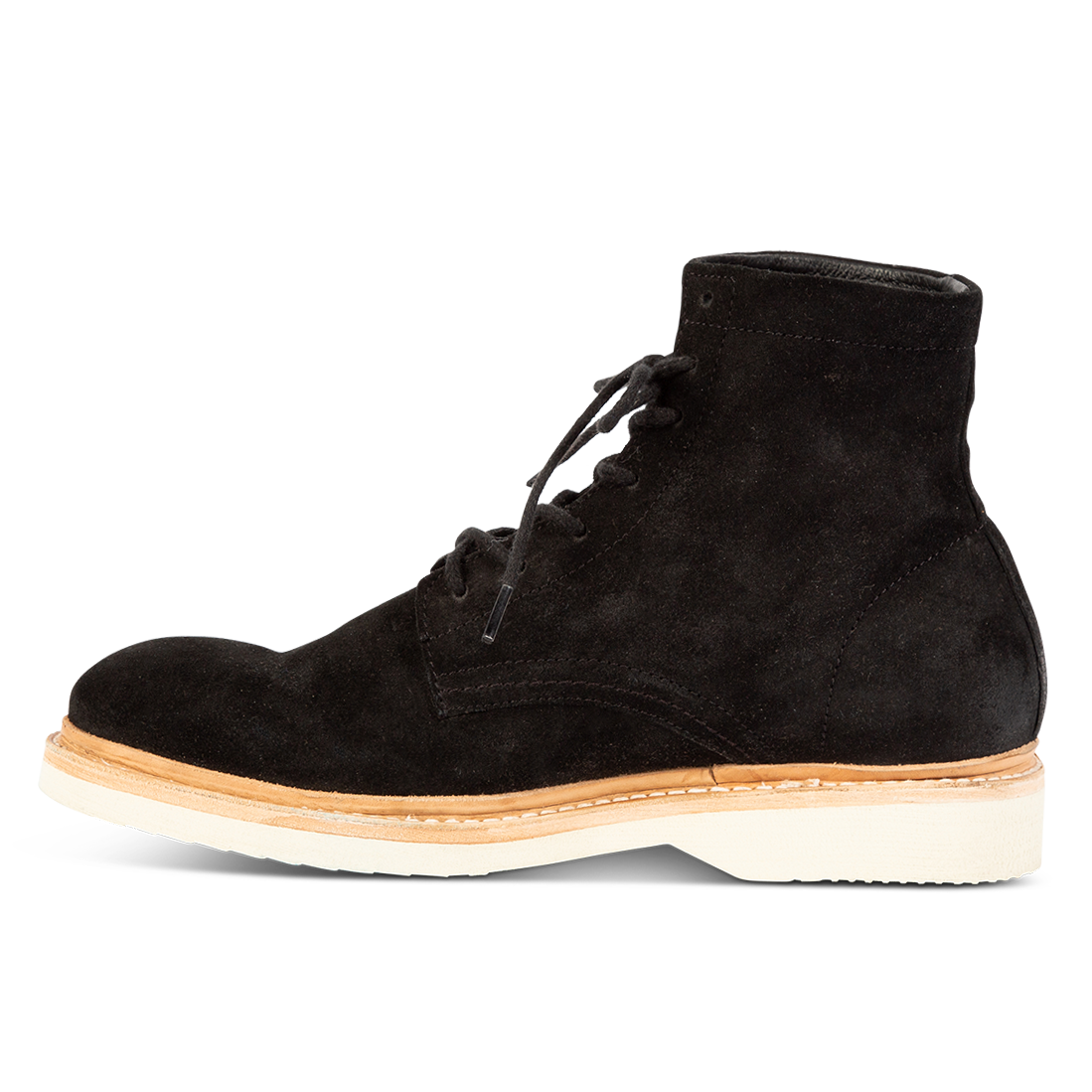 Inside view showing contrasting suede upper and soft sole on FREEBIRD men's Wheeler black suede shoe