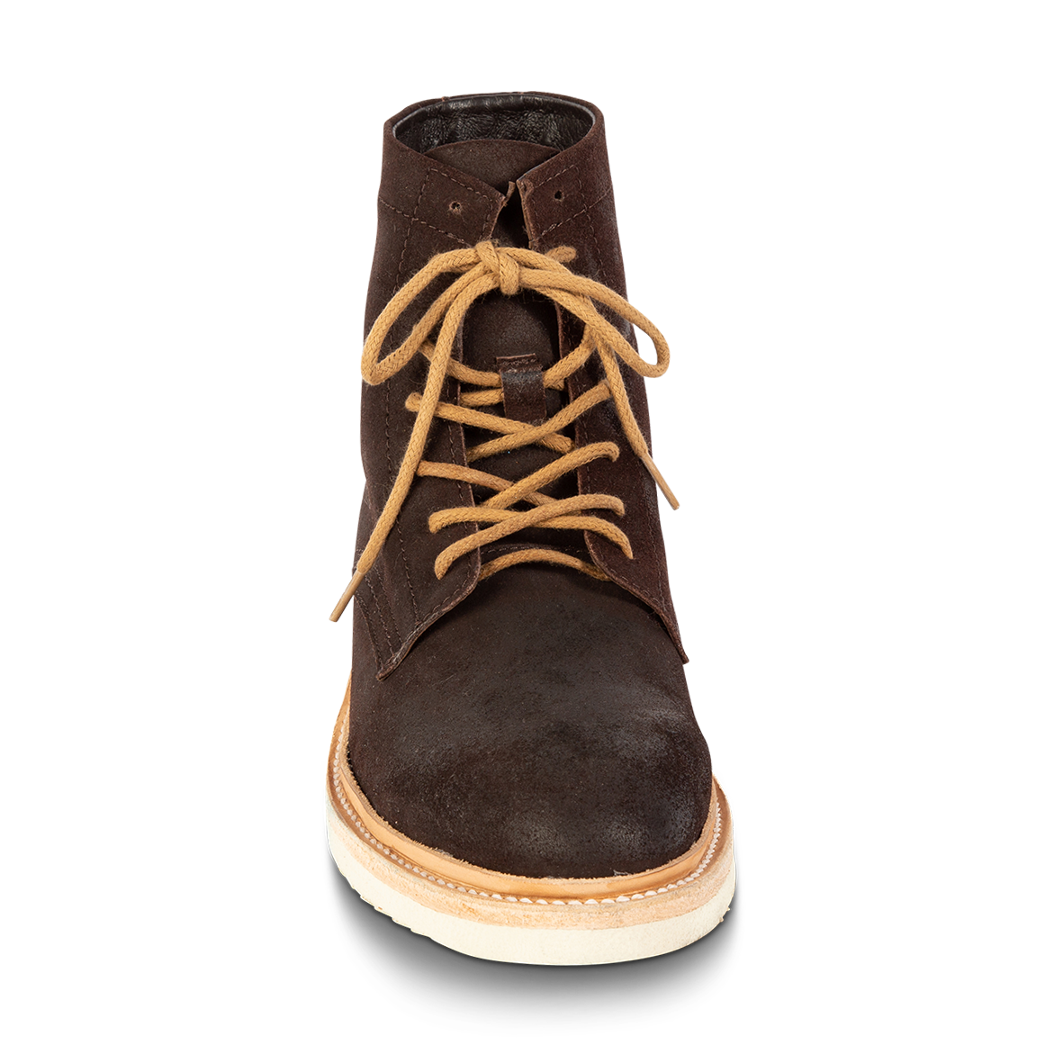 Front view showing adjustable front lacing on FREEBIRD men's Wheeler brown suede shoe