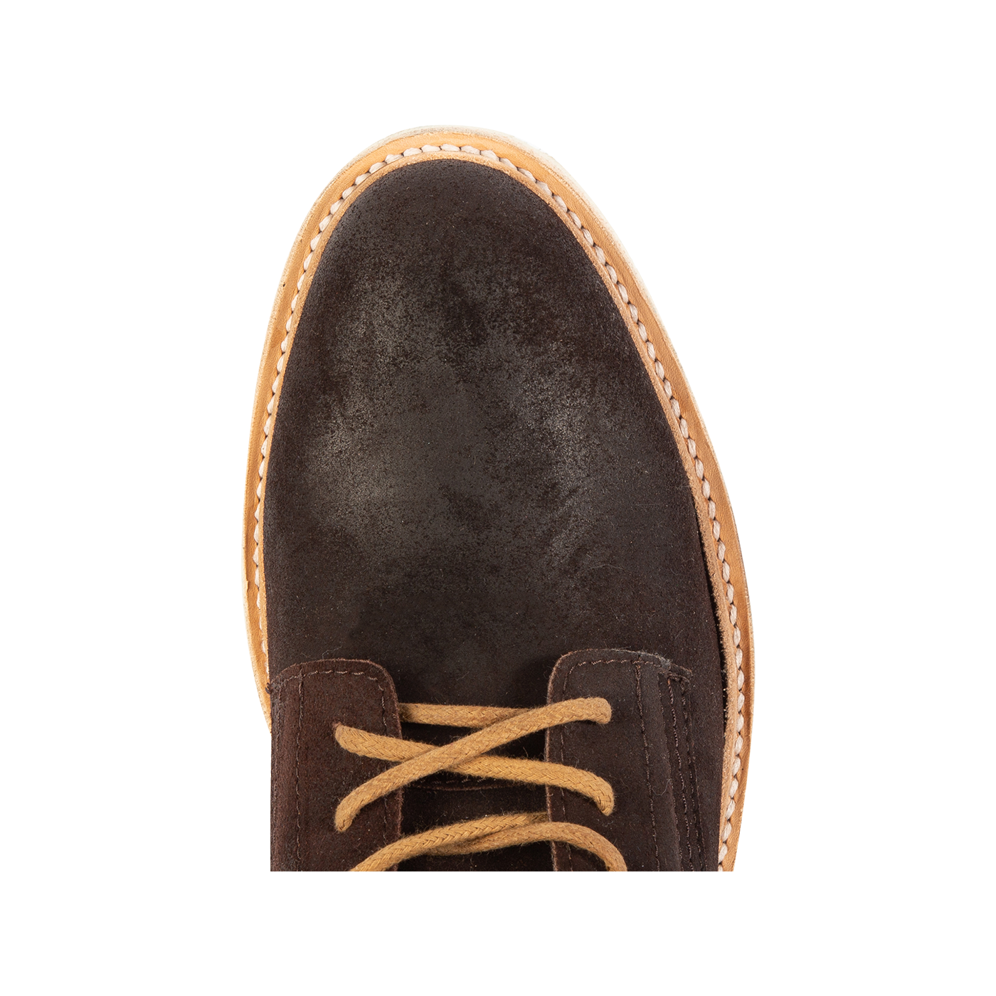 Top view showing almond toe and suede upper on FREEBIRD men's Wheeler brown suede shoe