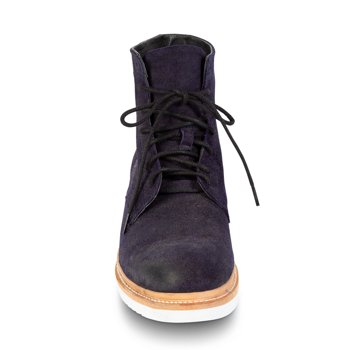 Front view showing adjustable front lacing on FREEBIRD men's Wheeler navy suede shoe