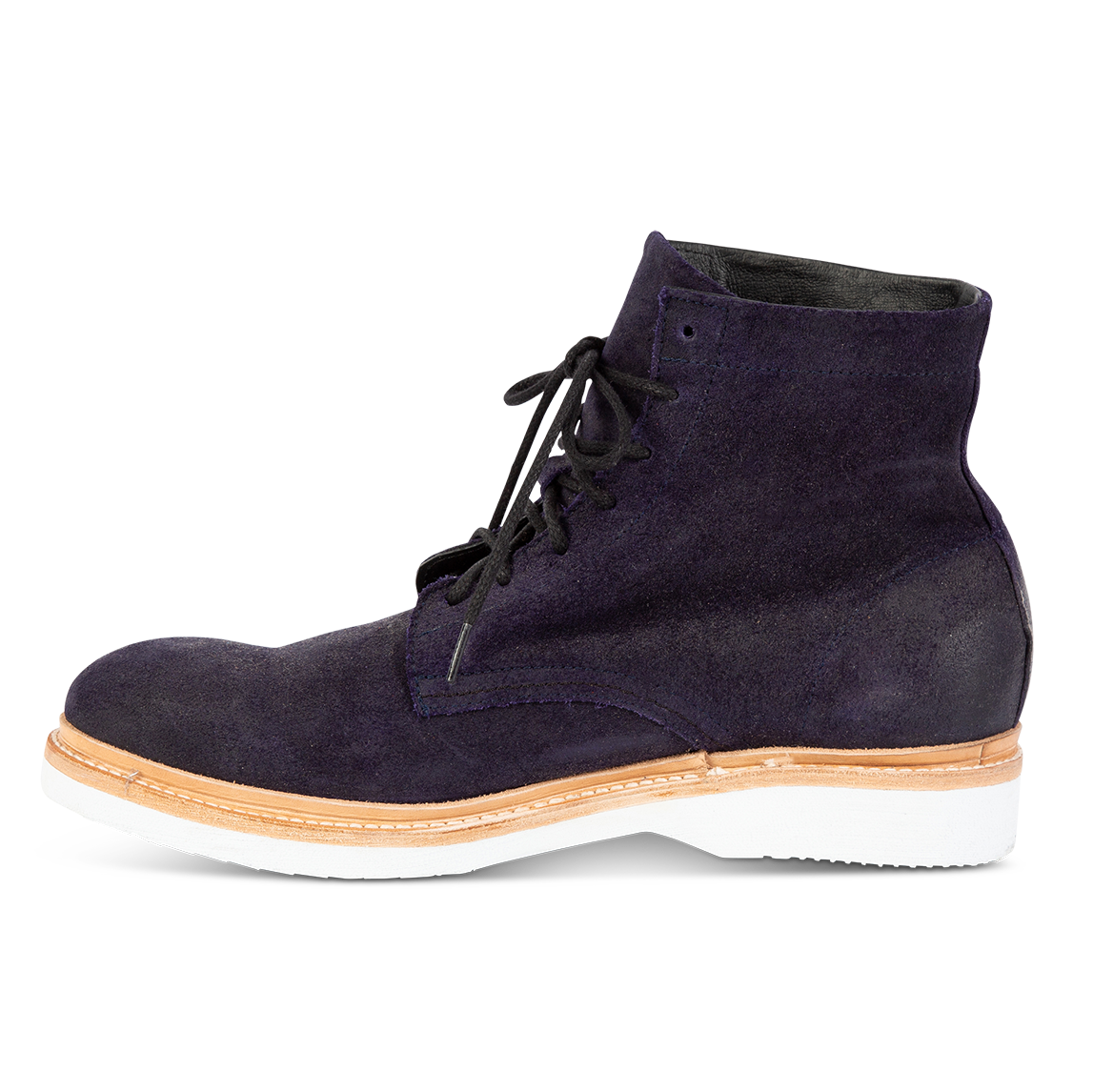 Inside view showing contrasting suede upper and soft sole on FREEBIRD men's Wheeler navy suede shoe