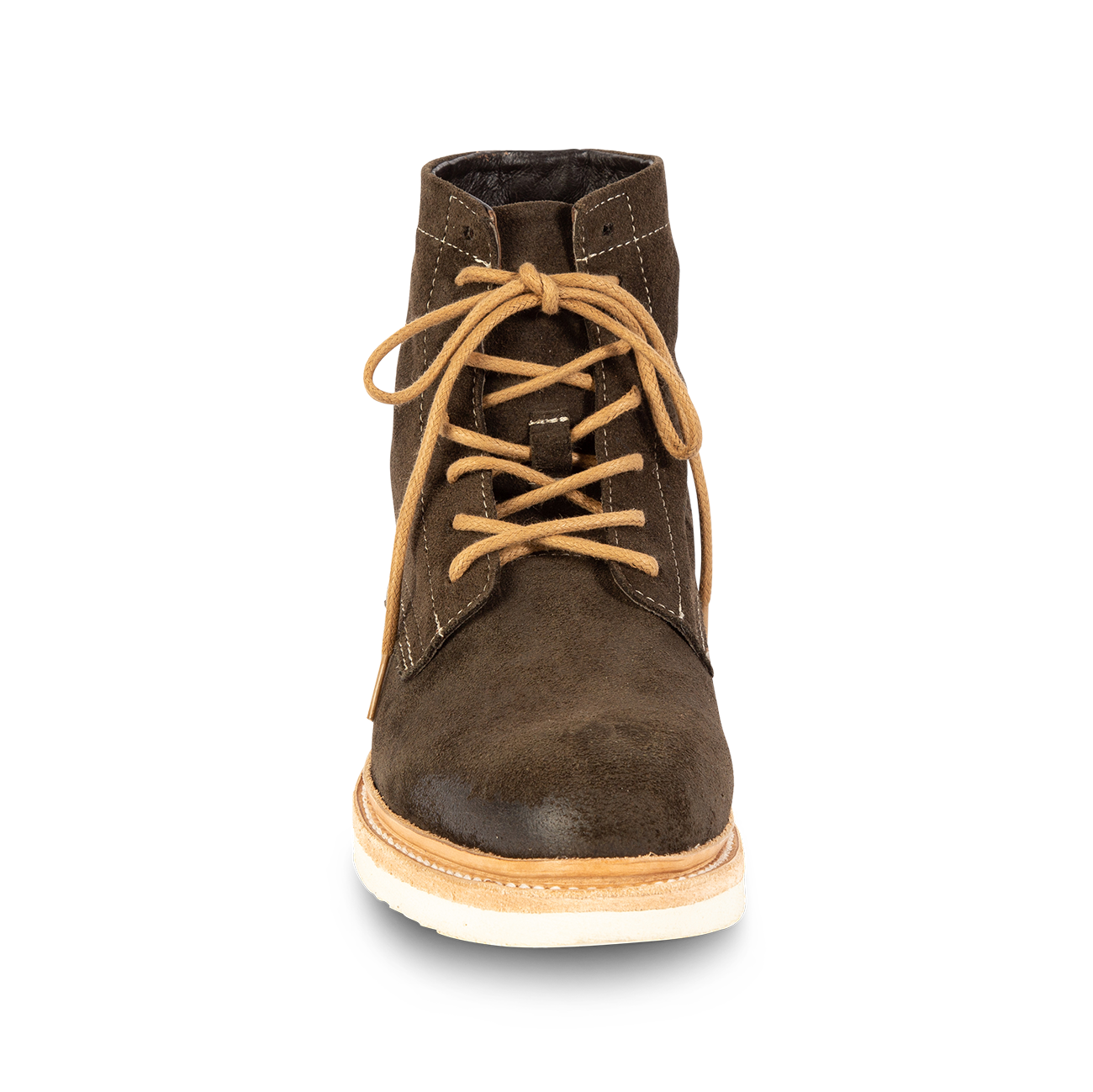 Front view showing adjustable front lacing on FREEBIRD men's Wheeler olive suede shoe