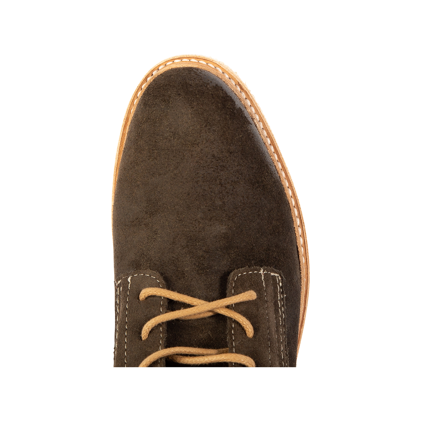 Top view showing almond toe and suede upper on FREEBIRD men's Wheeler olive suede shoe