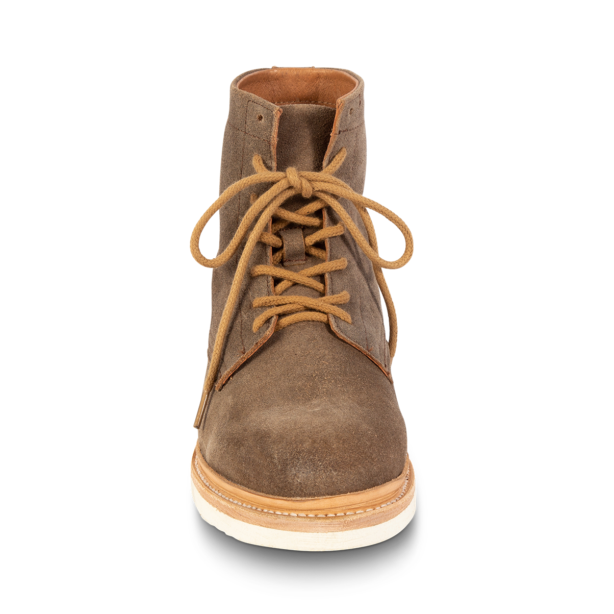 Front view showing adjustable front lacing on FREEBIRD men's Wheeler taupe suede shoe