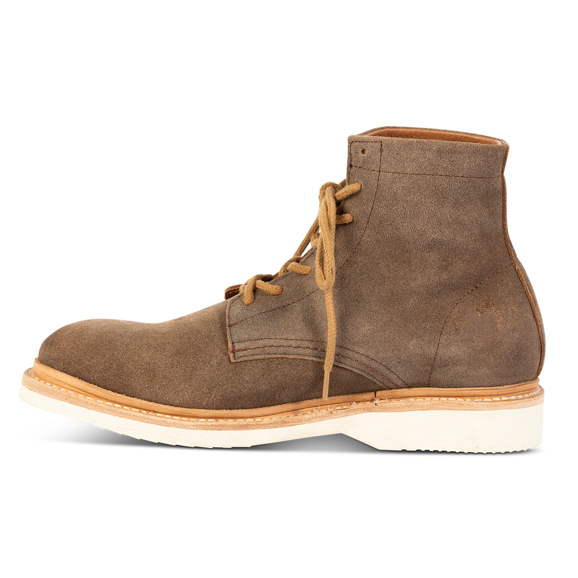 Inside view showing contrasting suede upper and soft sole on FREEBIRD men's Wheeler taupe suede shoe