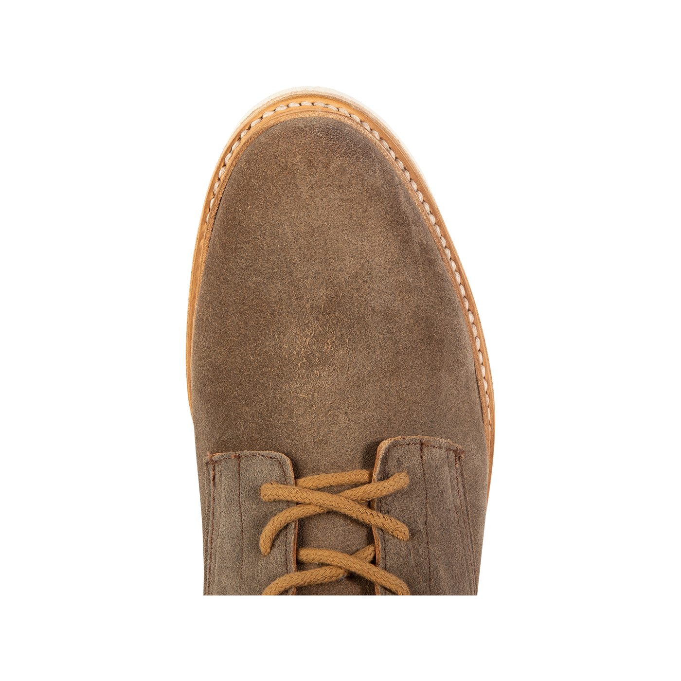 Top view showing almond toe and suede upper on FREEBIRD men's Wheeler taupe suede shoe