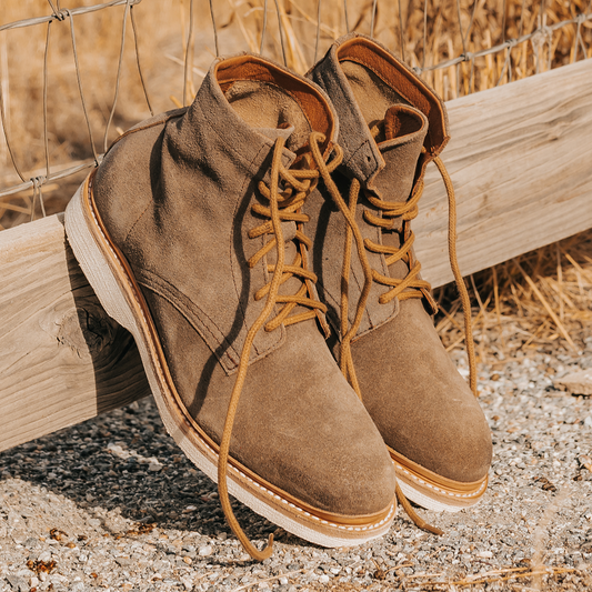 FREEBIRD men's Wheeler taupe suede shoe with adjustable front lacing and soft sole