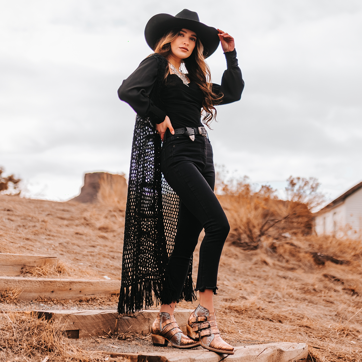 FREEBIRD women's WHILHELMINA blush croco ankle bootie featuring engraved metal buckles, snip toe, and embellished stud detailing lifestyle