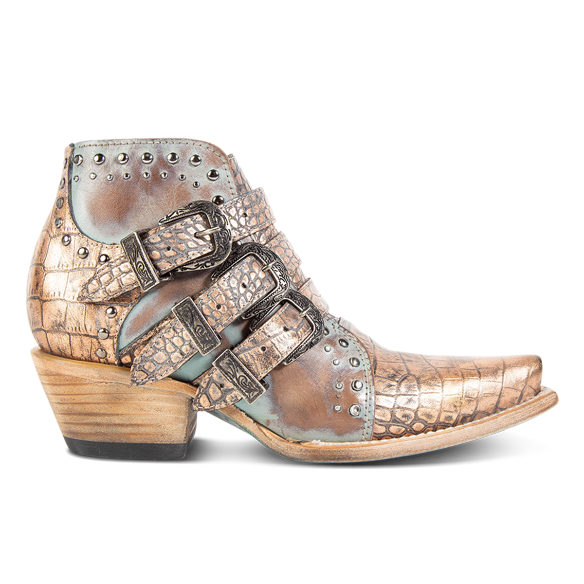 FREEBIRD women's WHILHELMINA blush croco ankle bootie featuring engraved metal buckles, snip toe, and embellished stud detailing