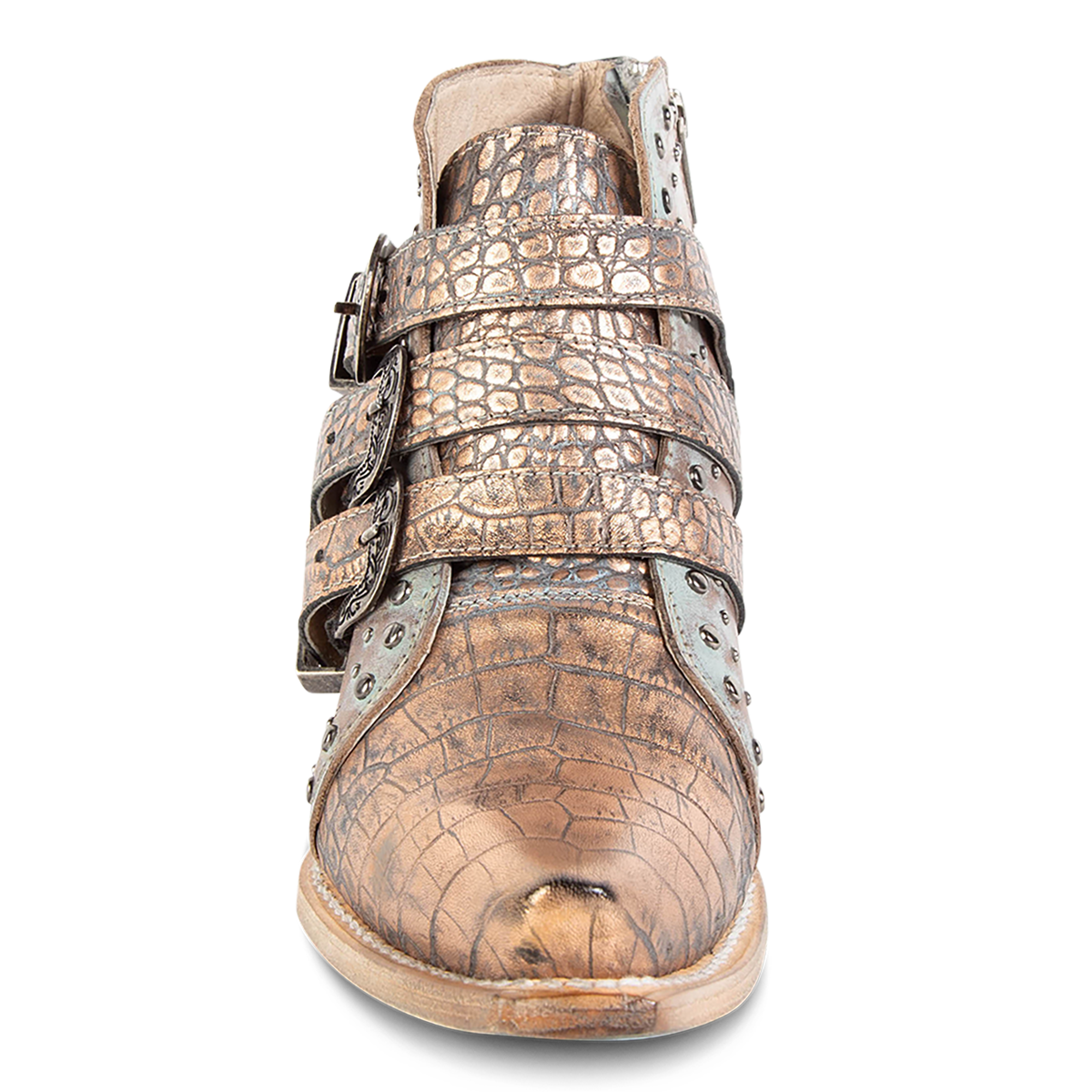 Front view showing adjustable buckle straps and snip toe on FREEBIRD women's Whilhelmina blush croco western ankle bootie
