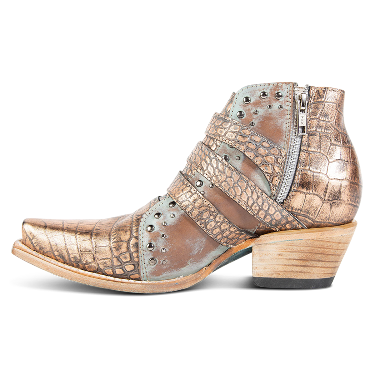 Inside view showing adjustable buckle straps and inside zip closure on FREEBIRD women's Whilhelmina blush croco western ankle bootie