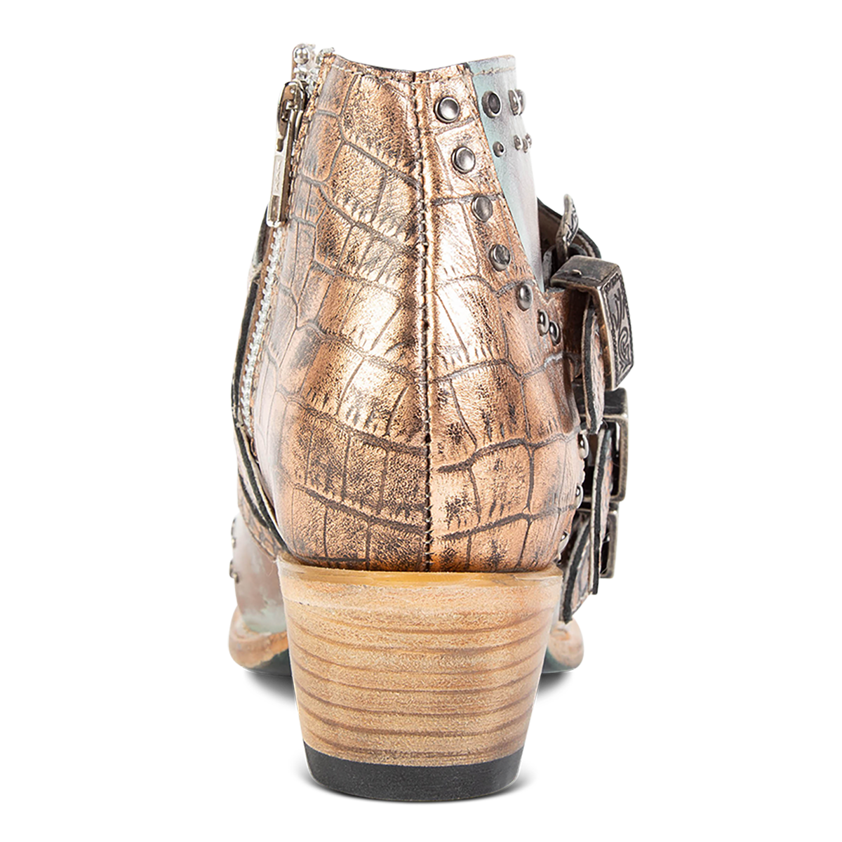 Back view showing stacked wooden heel on FREEBIRD women's Whilhelmina blush croco western ankle bootie