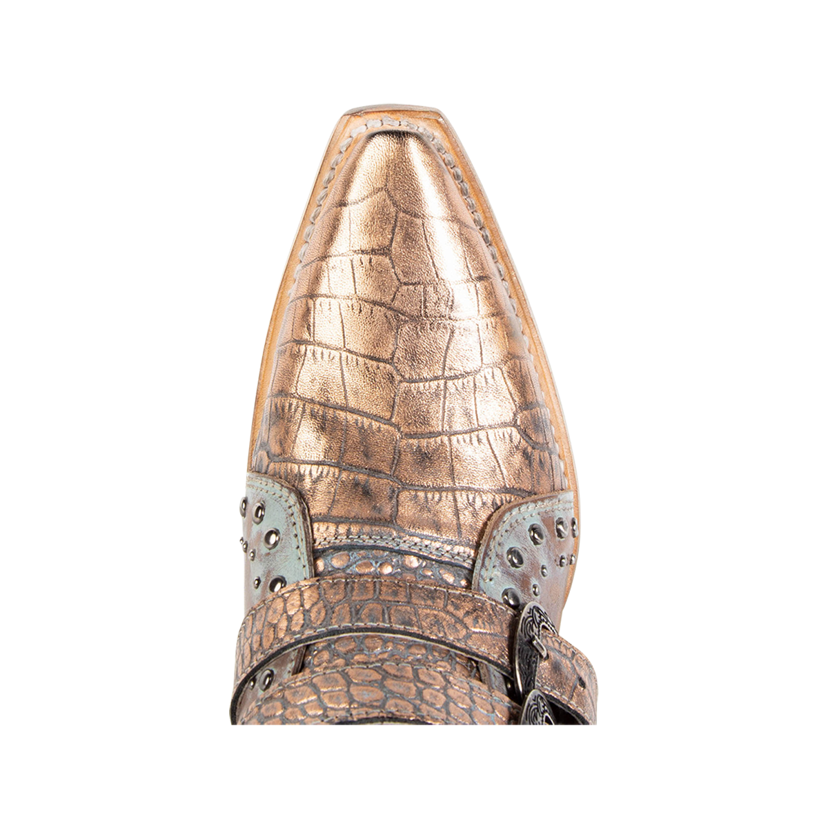 Top view showing snip toe on FREEBIRD women's Whilhelmina blush croco western ankle bootie